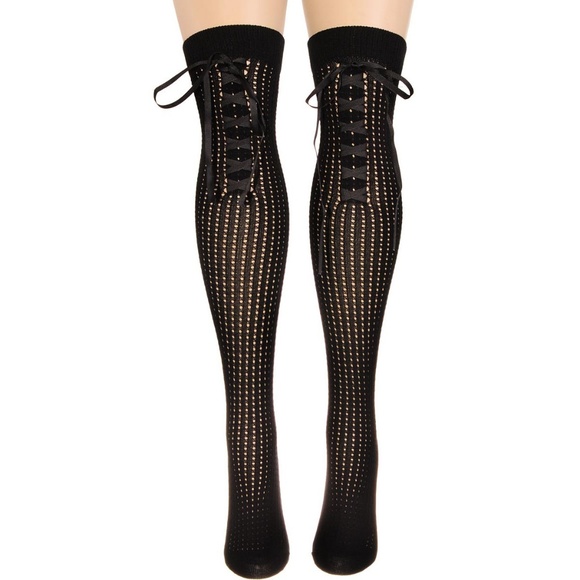 Pointelle Corset Lace Thigh High Socks in Noir - Picture 3 of 4